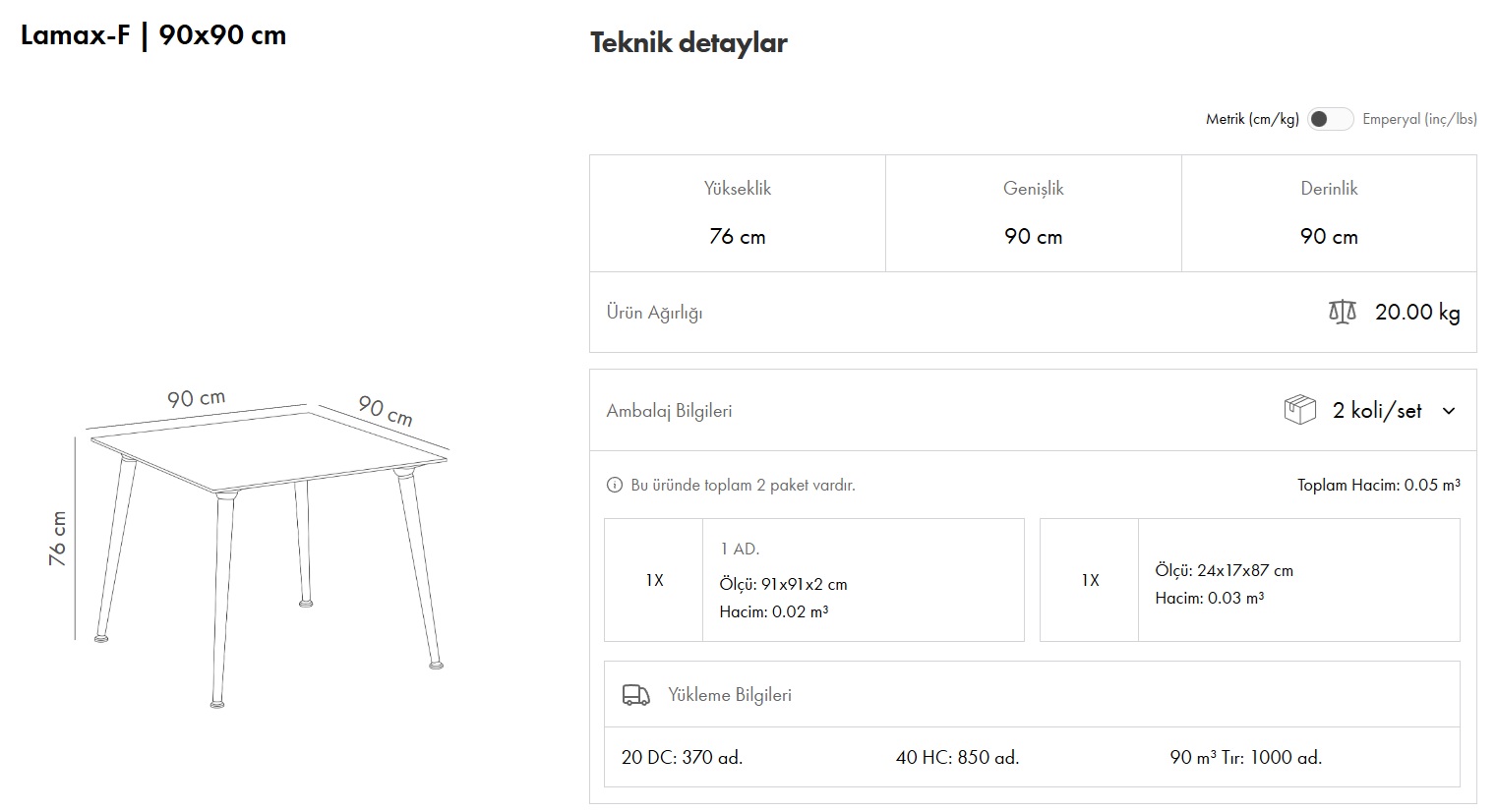 Lamax-F Masa 90x90 Katlanır Ayak